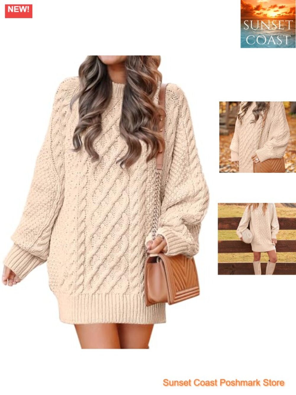Oversized Cable Knit Mini Sweater Dress Long Sleeve Crew Neck Pullover